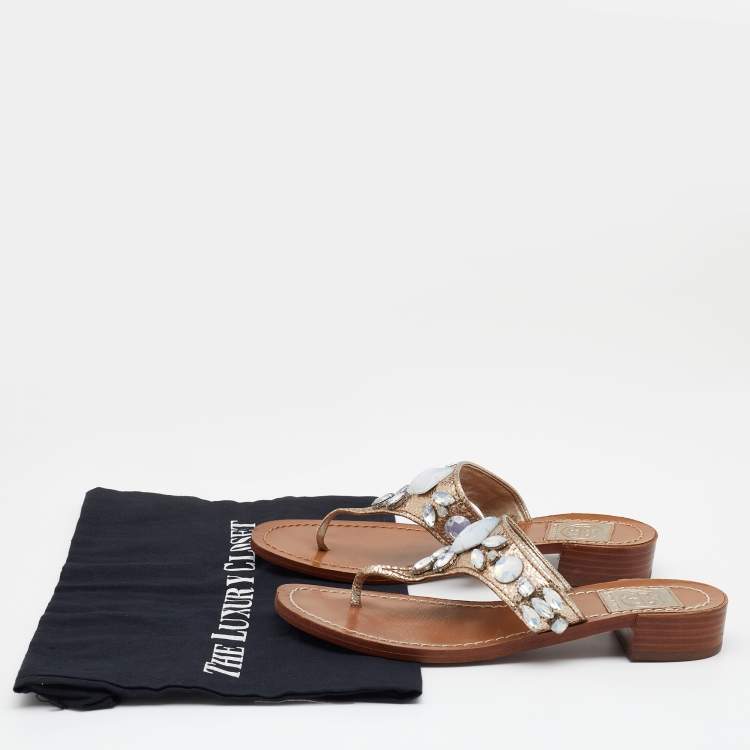 Pre Owned Tory Burch Metallic Crinkled Leather Embellished Thong Flats Size 36.5