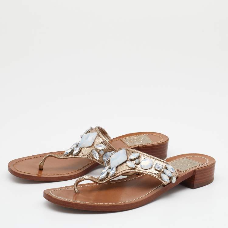 Pre Owned Tory Burch Metallic Crinkled Leather Embellished Thong Flats Size 36.5