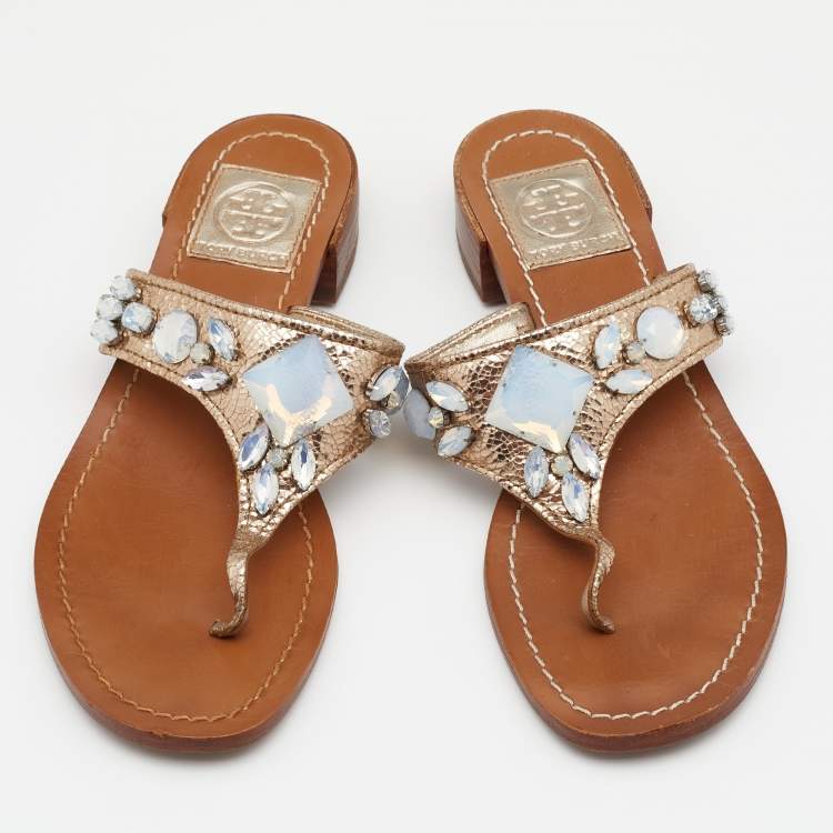 Pre Owned Tory Burch Metallic Crinkled Leather Embellished Thong Flats Size 36.5