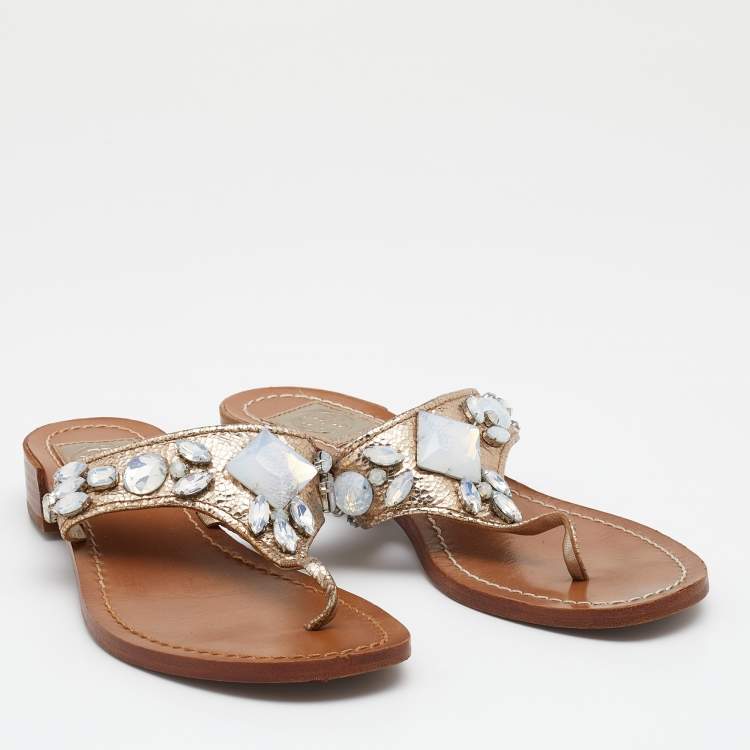 Pre Owned Tory Burch Metallic Crinkled Leather Embellished Thong Flats Size 36.5