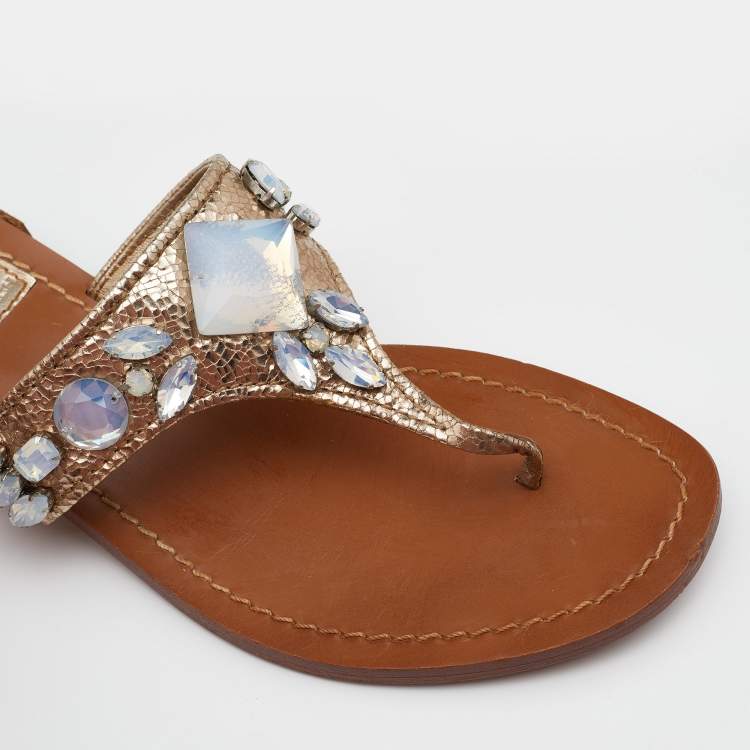 Pre Owned Tory Burch Metallic Crinkled Leather Embellished Thong Flats Size 36.5