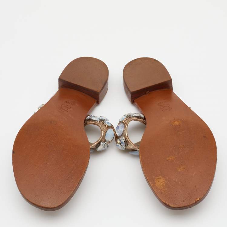 Pre Owned Tory Burch Metallic Crinkled Leather Embellished Thong Flats Size 36.5