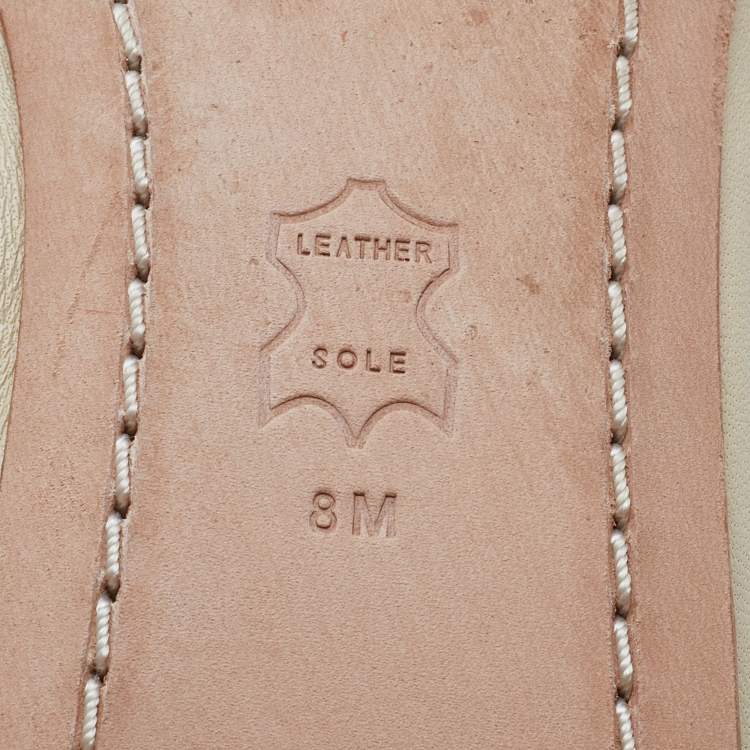 Pre Owned Tory Burch Beige/Gold Leather Logo Plaque Scrunch Ballet Flats Size 38