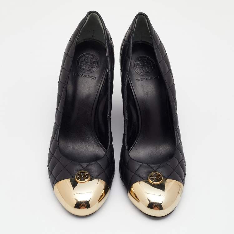Pre Owned Tory Burch Black Quilted Leather Kaitlin Cap Toe Wedge Pumps Size 40