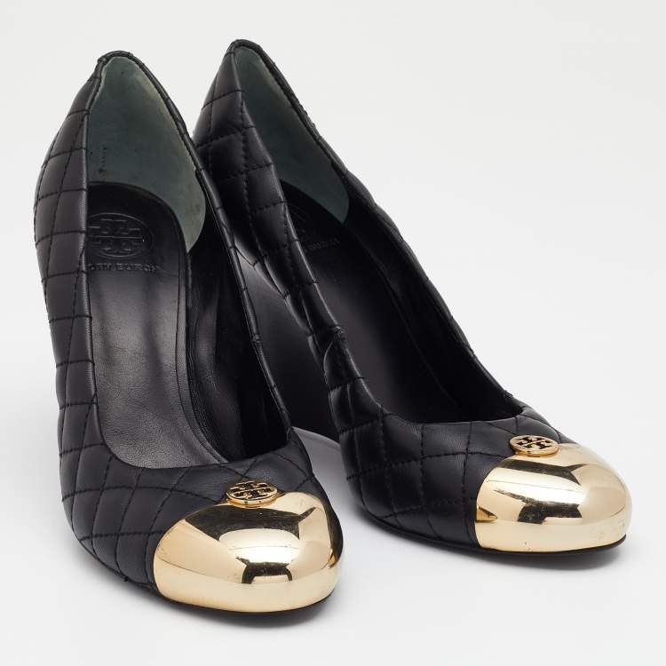 Pre Owned Tory Burch Black Quilted Leather Kaitlin Cap Toe Wedge Pumps Size 40