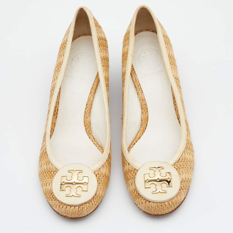 Pre Owned Tory Burch Beige Raffia And Leather Sally Wedge Pumps Size 36.5