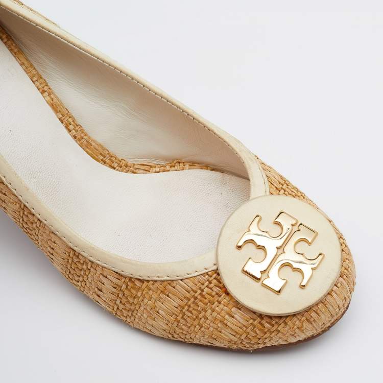 Pre Owned Tory Burch Beige Raffia And Leather Sally Wedge Pumps Size 36.5