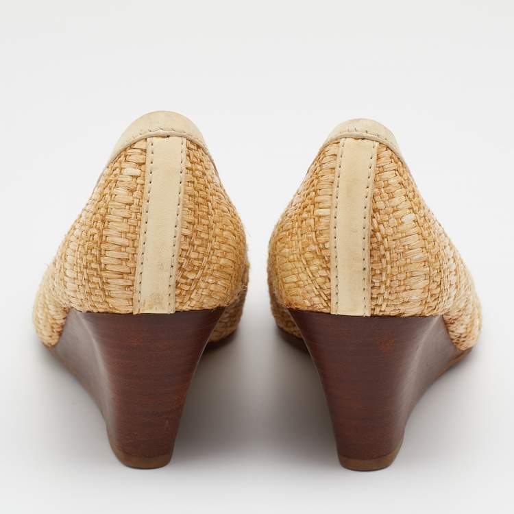 Pre Owned Tory Burch Beige Raffia And Leather Sally Wedge Pumps Size 36.5