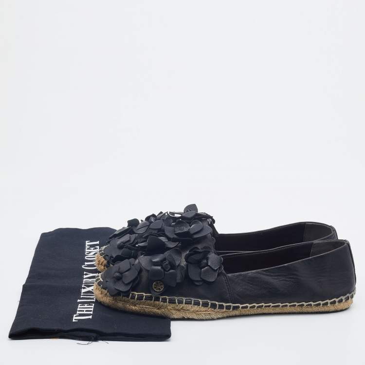 Pre Owned Tory Burch Black Leather Blossom Floral Applique Espadrille Flats Size 40