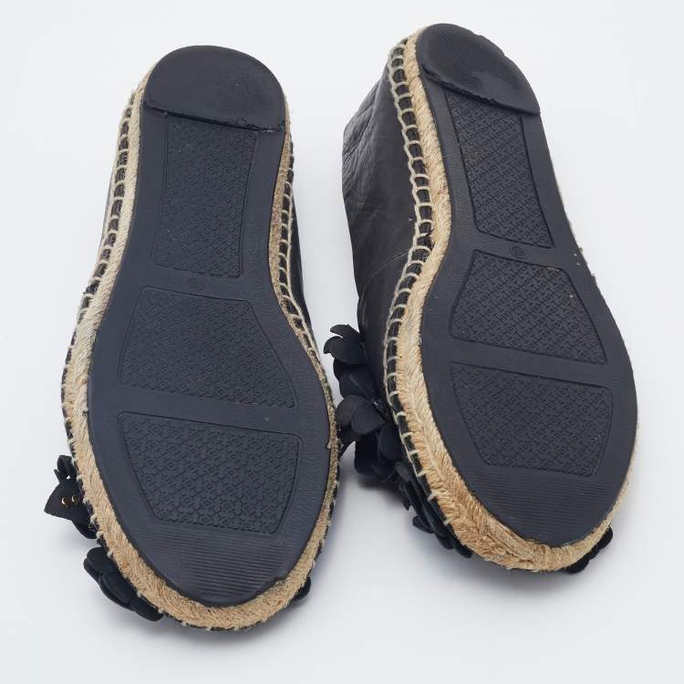 Pre Owned Tory Burch Black Leather Blossom Floral Applique Espadrille Flats Size 40