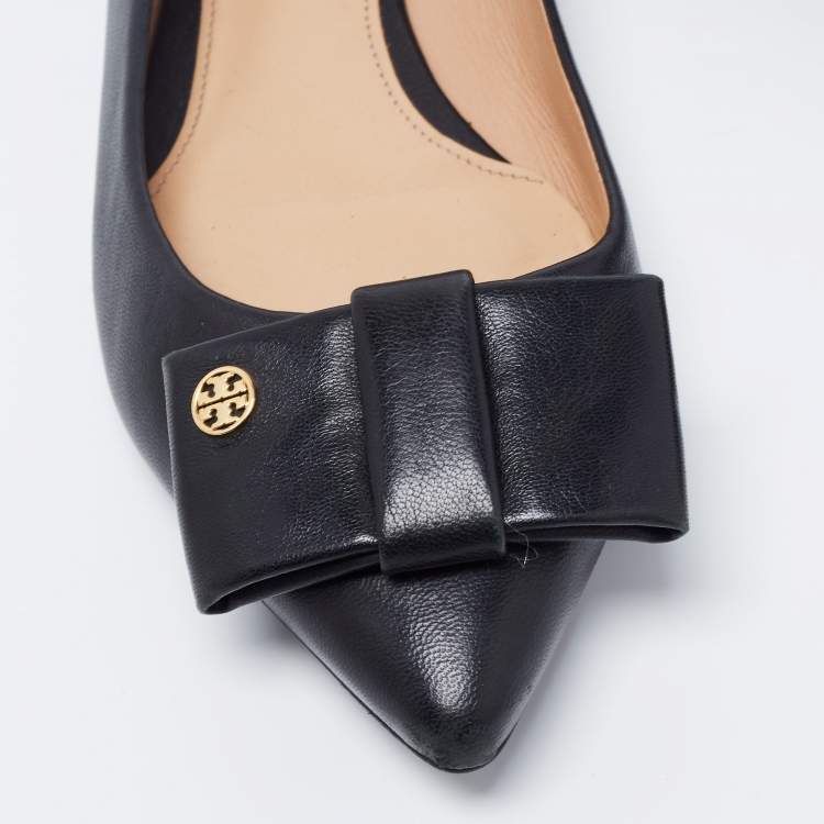 مملوكة مسبقًا Tory Burch Black Leather Bow Ballet Flats Size 38