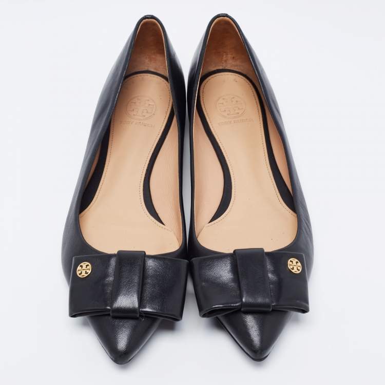 مملوكة مسبقًا Tory Burch Black Leather Bow Ballet Flats Size 38