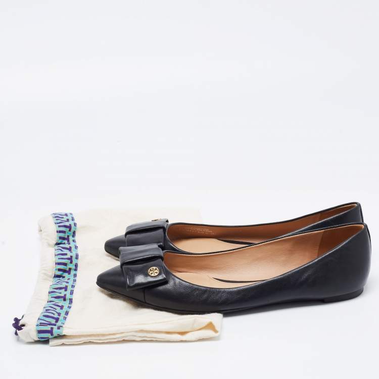 مملوكة مسبقًا Tory Burch Black Leather Bow Ballet Flats Size 38