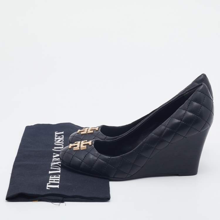 Pre Owned Tory Burch Black Quilted Leather Wedge Pumps Size 39 