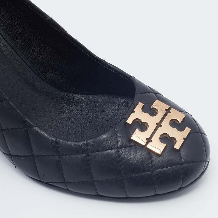 Pre Owned Tory Burch Black Quilted Leather Wedge Pumps Size 39 