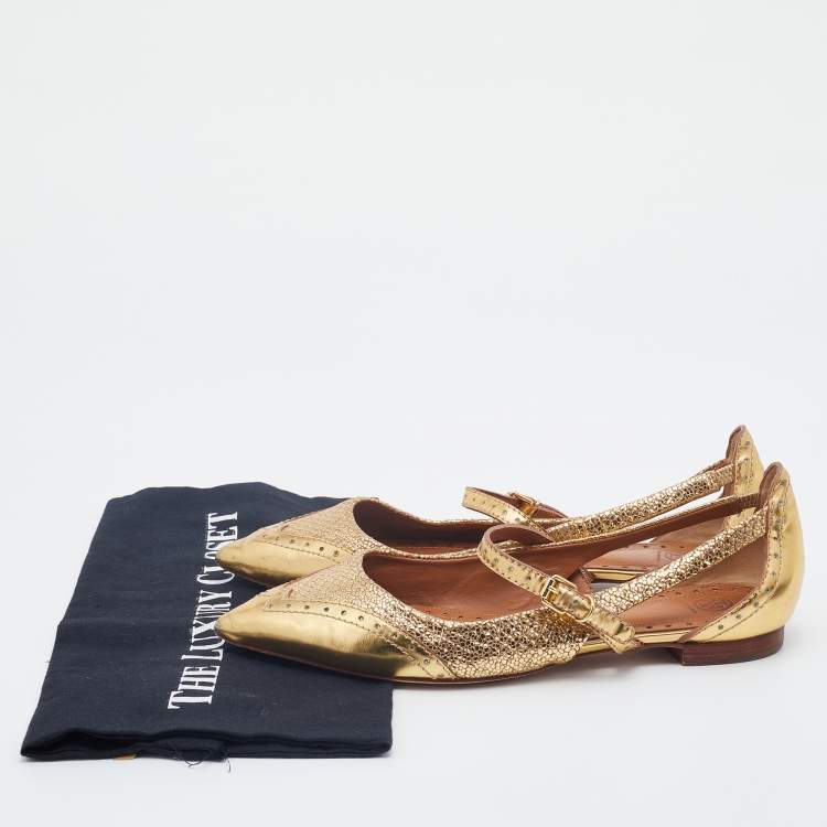 Pre Owned Tory Burch Gold Leather Bernadette Pointed Toe Mary Jane Ballet Flats Size 38