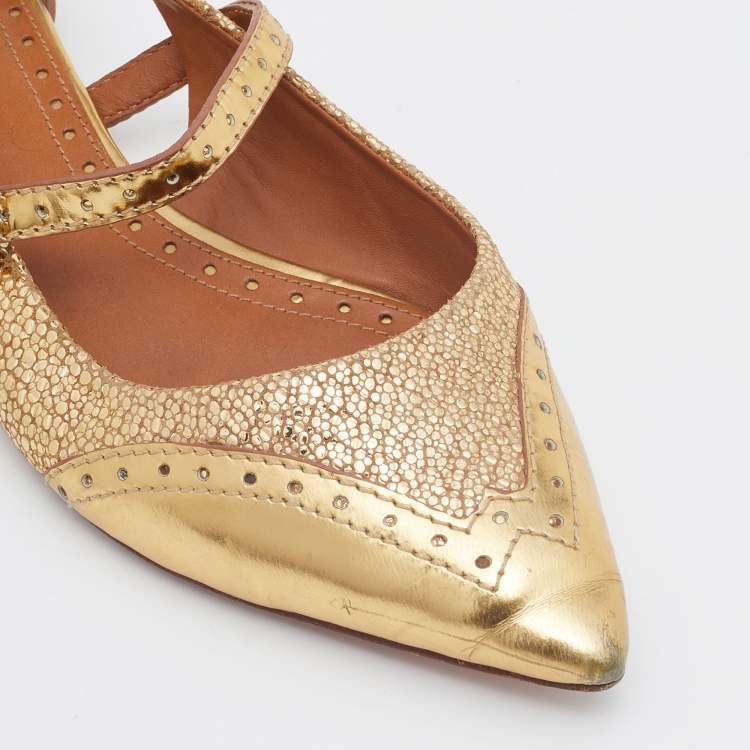 Pre Owned Tory Burch Gold Leather Bernadette Pointed Toe Mary Jane Ballet Flats Size 38
