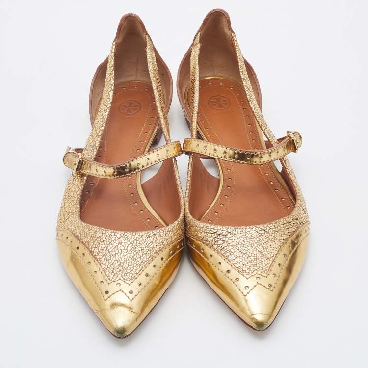Pre Owned Tory Burch Gold Leather Bernadette Pointed Toe Mary Jane Ballet Flats Size 38