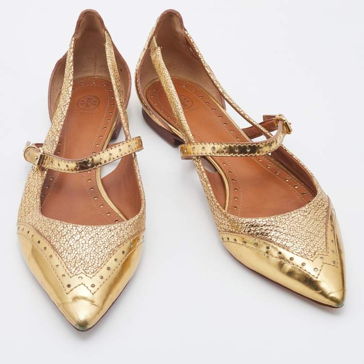 Pre Owned Tory Burch Gold Leather Bernadette Pointed Toe Mary Jane Ballet Flats Size 38