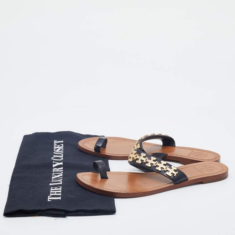 Pre Owned Tory Burch Black Patent Leather Toe Ring Flat Sandals Size 37