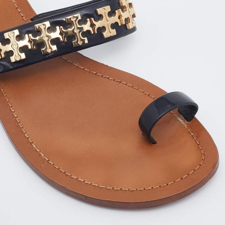 Pre Owned Tory Burch Black Patent Leather Toe Ring Flat Sandals Size 37