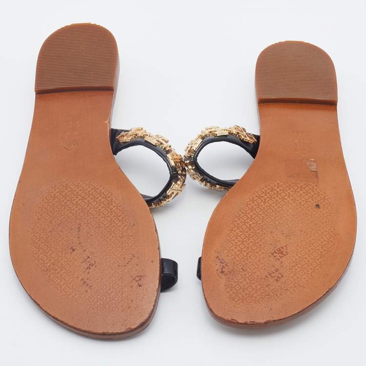 Pre Owned Tory Burch Black Patent Leather Toe Ring Flat Sandals Size 37
