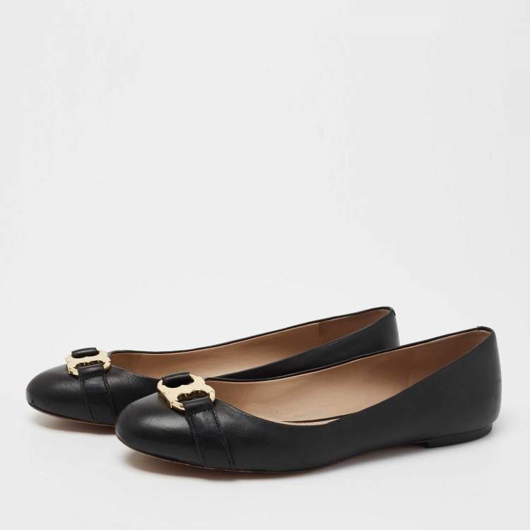 Pre Owned Tory Burch Black Leather Bow Ballet Flats Size 41