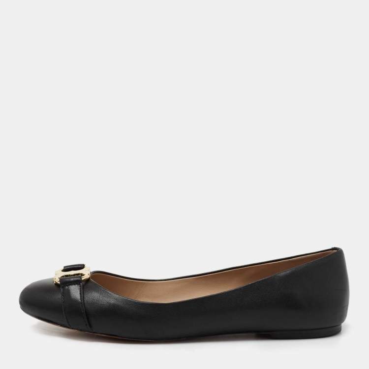 Pre Owned Tory Burch Black Leather Bow Ballet Flats Size 41
