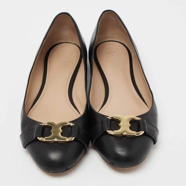 Pre Owned Tory Burch Black Leather Bow Ballet Flats Size 41