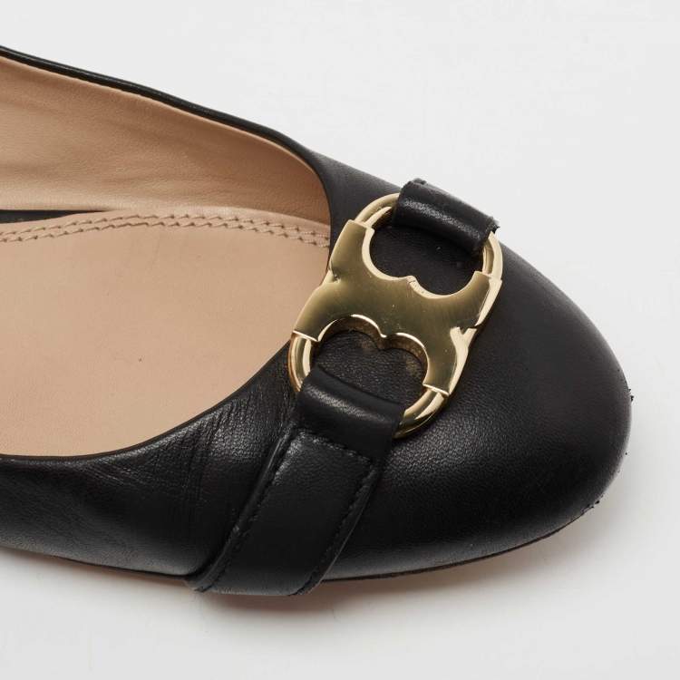 Pre Owned Tory Burch Black Leather Bow Ballet Flats Size 41