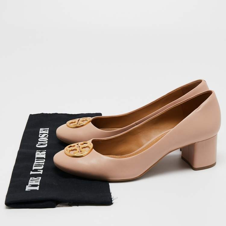 Pre Owned Tory Burch Powder Pink Leather Chelsea Block Heel Pumps Size 40.5