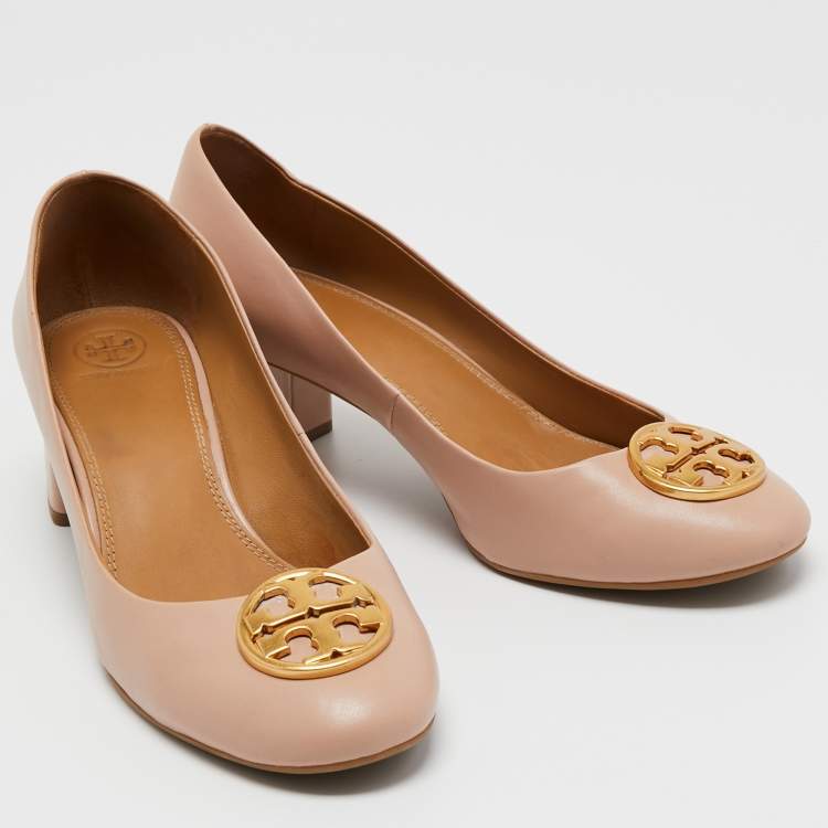 Pre Owned Tory Burch Powder Pink Leather Chelsea Block Heel Pumps Size 40.5