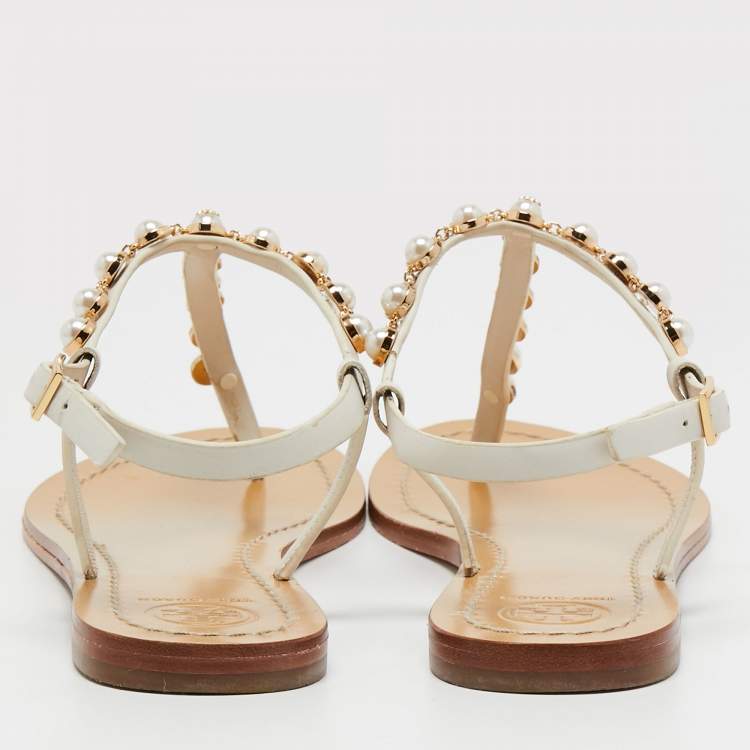 Pre Owned Tory Burch Off White Leather Faux Pearl Accents T Strap Sandals Size 39.5 