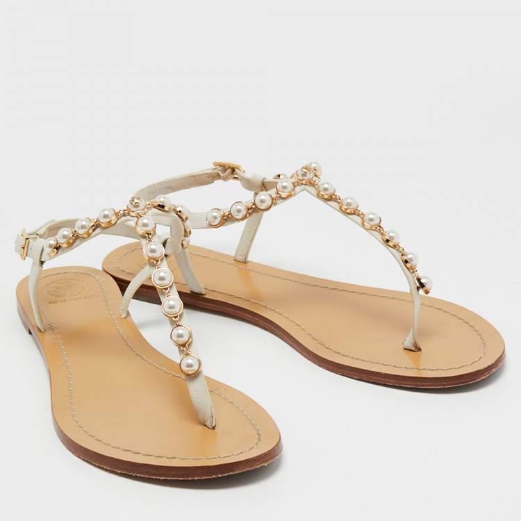Pre Owned Tory Burch Off White Leather Faux Pearl Accents T Strap Sandals Size 39.5 
