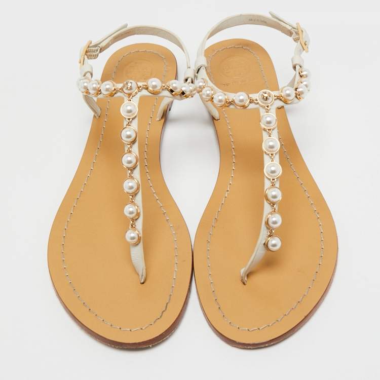 Pre Owned Tory Burch Off White Leather Faux Pearl Accents T Strap Sandals Size 39.5 