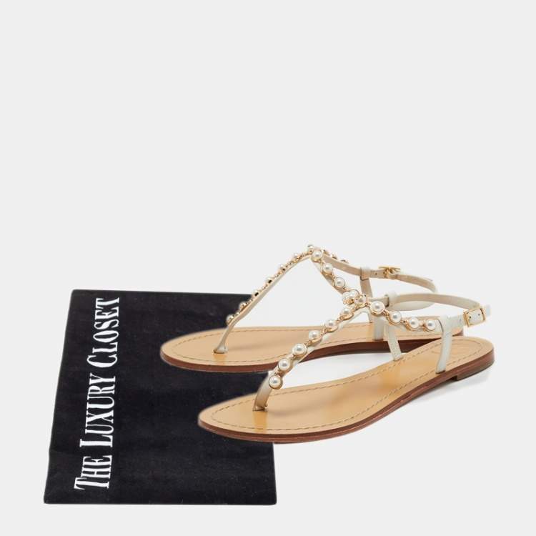 Pre Owned Tory Burch Off White Leather Faux Pearl Accents T Strap Sandals Size 39.5 