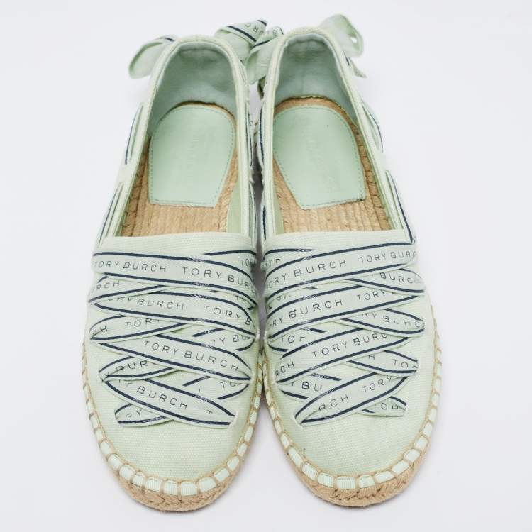 Pre Owned Tory Burch Green Canvas Espadrille Flats Size 37