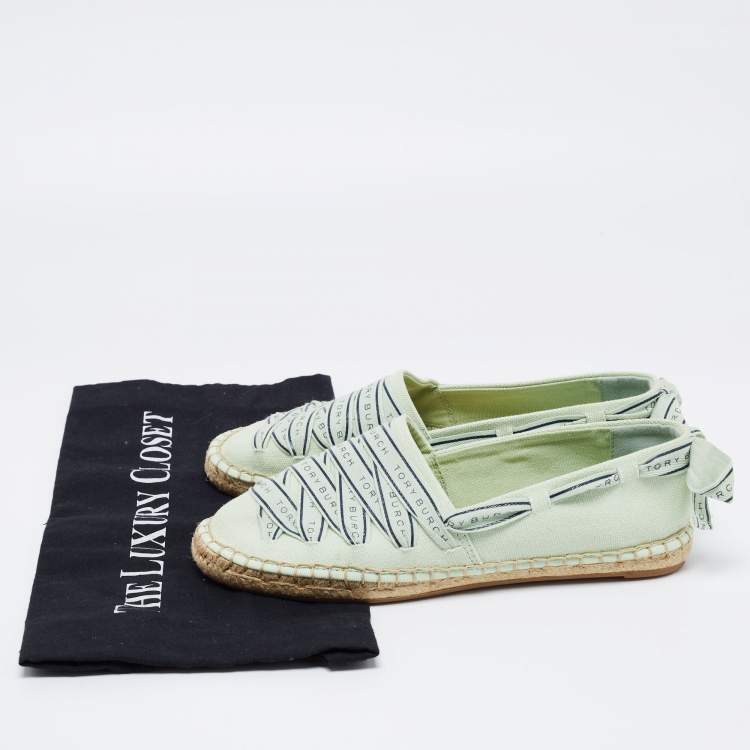 Pre Owned Tory Burch Green Canvas Espadrille Flats Size 37