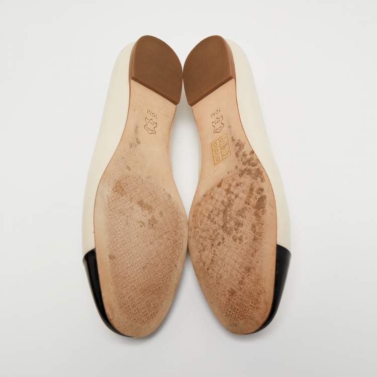 Pre Owned Tory Burch Beige/Black Leather and Patent Ballet Flats Size 40 