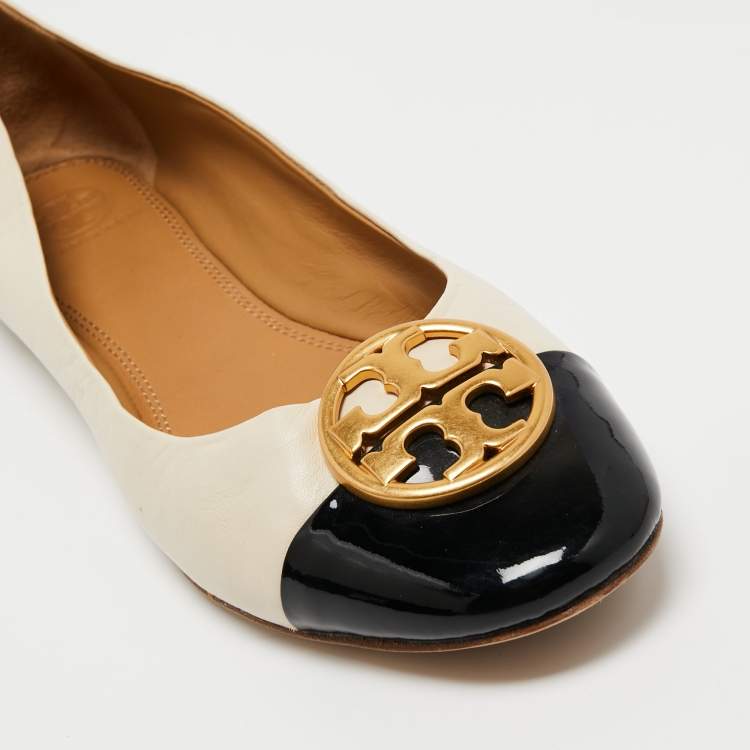 Pre Owned Tory Burch Beige/Black Leather and Patent Ballet Flats Size 40 