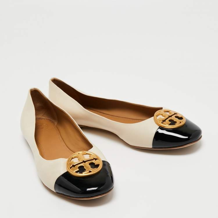 Pre Owned Tory Burch Beige/Black Leather and Patent Ballet Flats Size 40 