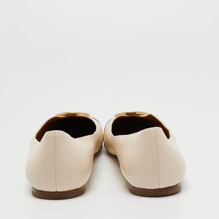 Pre Owned Tory Burch Beige/Black Leather and Patent Ballet Flats Size 40 
