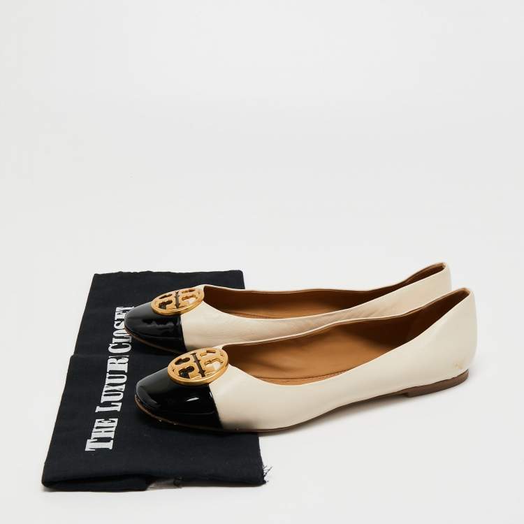 Pre Owned Tory Burch Beige/Black Leather and Patent Ballet Flats Size 40 