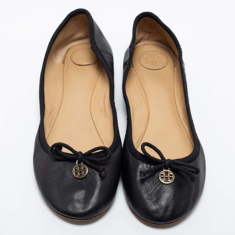Pre Owned Tory Burch Black Leather Bow Ballet Flats Size 39