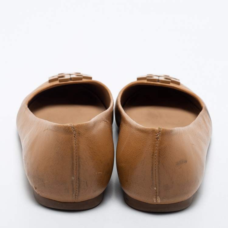 Pre Owned Tory Burch Light Brown Leather Ballet Flats Size 37