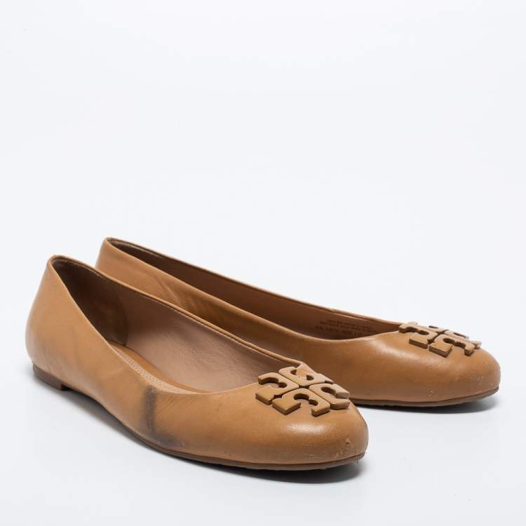 Pre Owned Tory Burch Light Brown Leather Ballet Flats Size 37