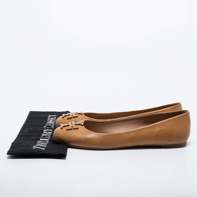 Pre Owned Tory Burch Light Brown Leather Ballet Flats Size 37