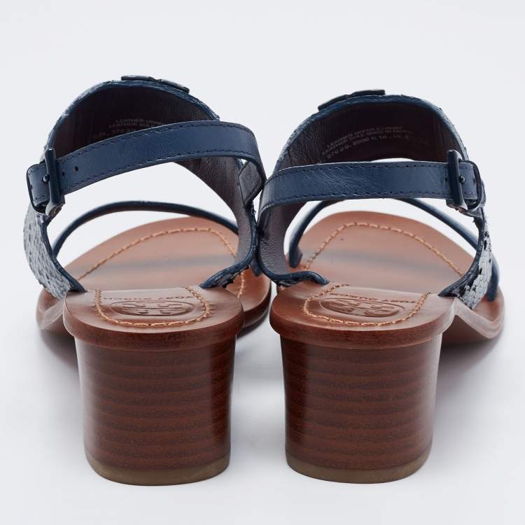 Pre Owned Tory Burch Blue Python Embossed and Leather Slingback Block Heel Sandals Size 36.5