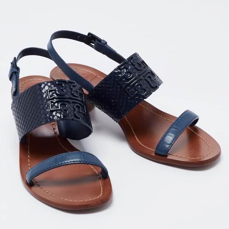Pre Owned Tory Burch Blue Python Embossed and Leather Slingback Block Heel Sandals Size 36.5