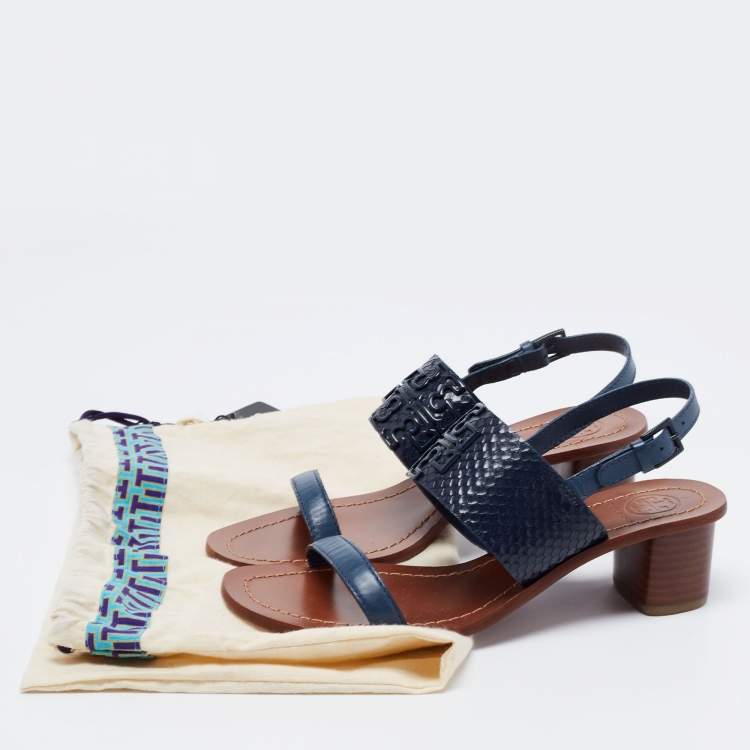 Pre Owned Tory Burch Blue Python Embossed and Leather Slingback Block Heel Sandals Size 36.5